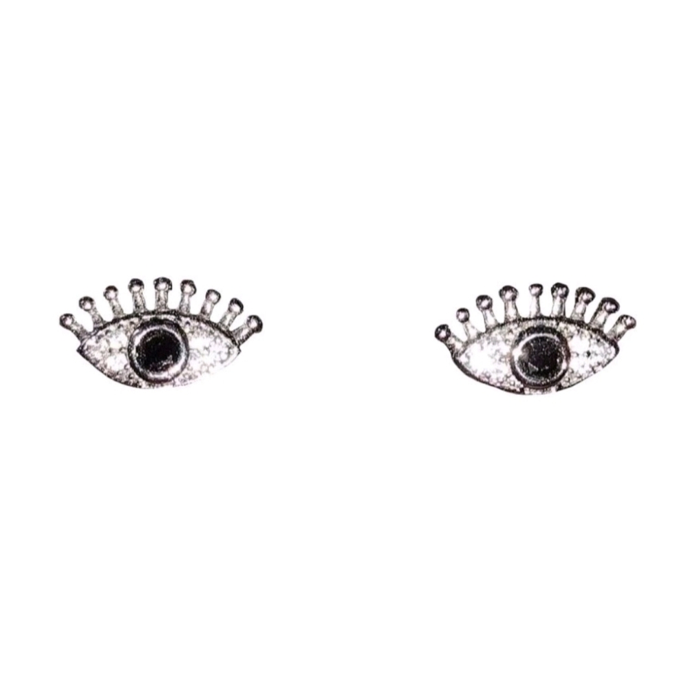 Evil Eye Eyelashes Simulated Black Onyx Rhinestone Silver-Plated Stud Earrings